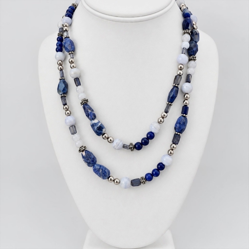 Shube Dakota West Sterling Silver Blue Gemstone Necklace 36" Multi stone Vintage